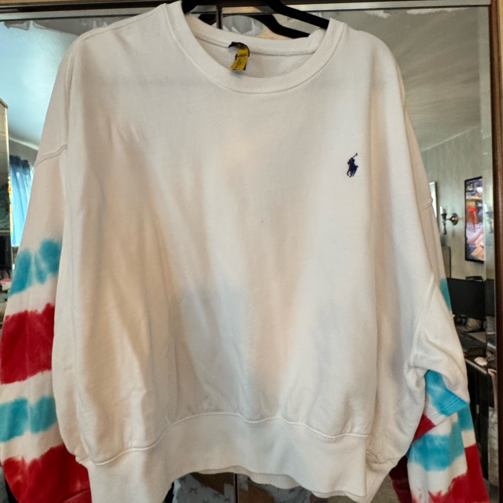 Polo by Ralph Lauren White Sweatshirt with Red and Blue Tie-Dye Sleeves